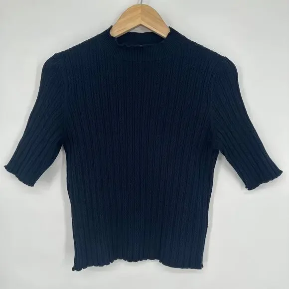 Boden Pointelle Rib Knit Mock Neck Top Knit Short Sleeve Lettuce Trim Sweater - Picture 3 of 10